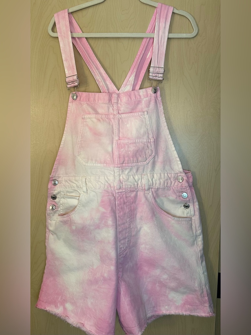 We The Free Pink Tie Dye/ Bleach Wash  Overall Denim Shorts - Picture 4 of 7